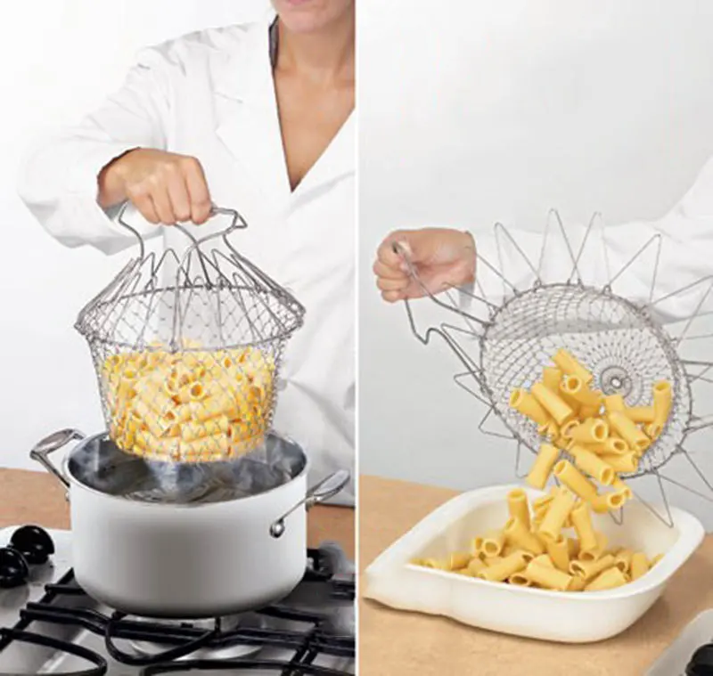 

Foldable Steam Rinse Strainer Stainless Steel Colander Magic Mesh Basket Drainer Frying French Fryer Tool Kitchen Cooking Basket