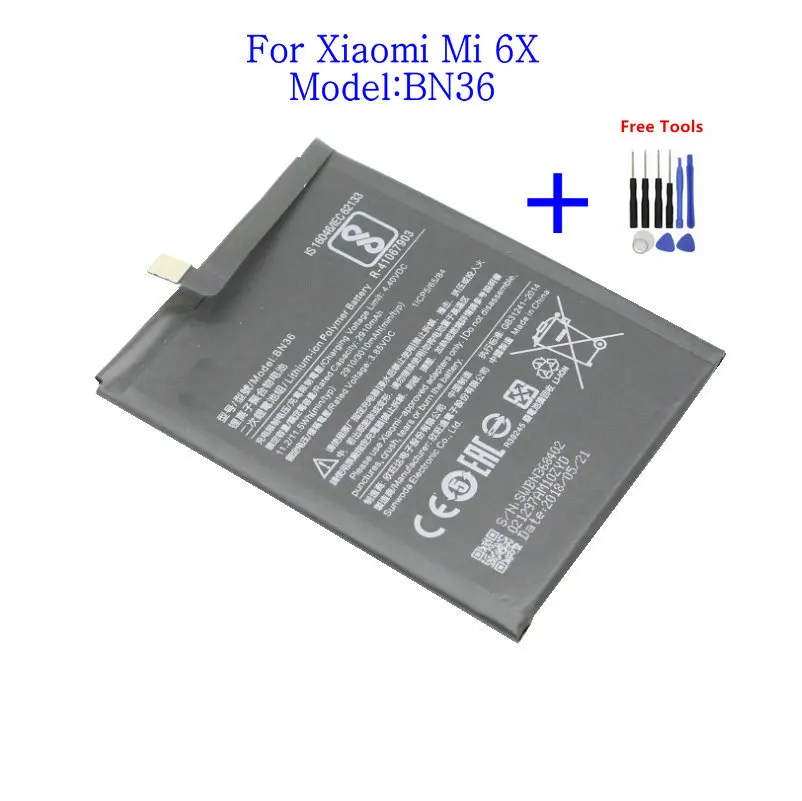 1x 3010mAh Replacement battery for Xiaomi Mi 6X BN36 Battery Replacement For Xiaomi Mi 6X BN36 Batteries + Repair Tools kit
1x 3010mAh Replacement battery for Xiaomi Mi 6X BN36 Battery Replacement For Xiaomi Mi 6X BN36 Batteries + Repair Tools kit