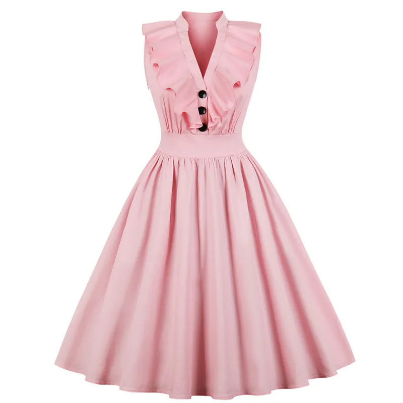 Womens Button Vintage 1950s 60s Rockabilly Evening Prom Swing Dress Plus Size Lady Elegant V Neck Sleeveless Party Ruffled Slim 
Womens Button Vintage 1950s 60s Rockabilly Evening Prom Swing Dress Plus Size Lady Elegant V Neck Sleeveless Party Ruffled Slim