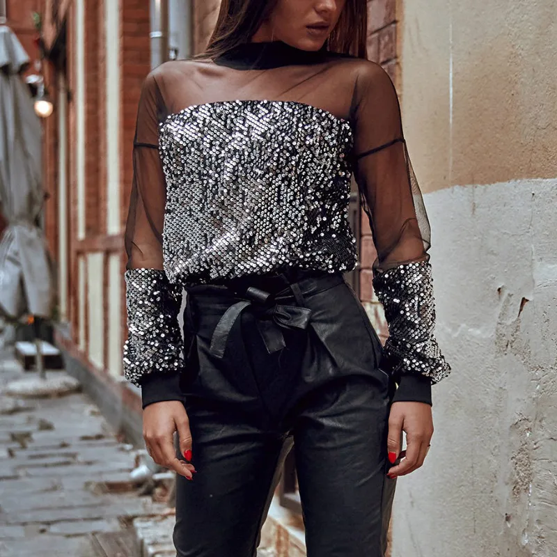 2019 Womens Sexy Turtleneck Mesh Sequined Long Sleeve Tops and Blouses See Through Top Women Sexy Shirt
2019 Womens Sexy Turtleneck Mesh Sequined Long Sleeve Tops and Blouses See Through Top Women Sexy Shirt