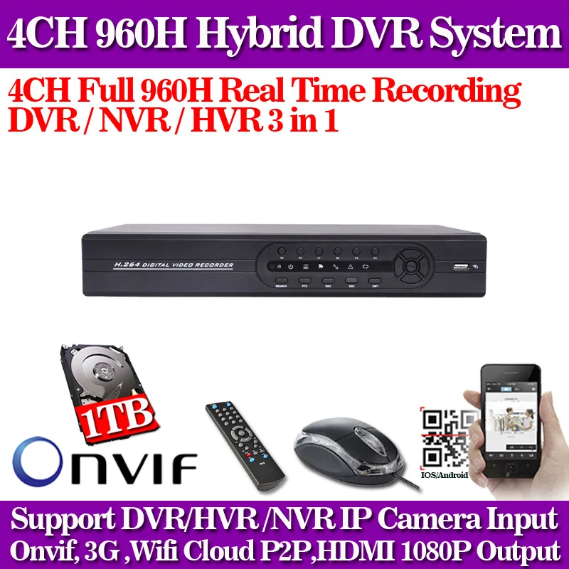 

CCTV dvr 4ch 960h full D1 ONVIF Hybrid nvr hvr 1080p HDMI p2p cloud digital video 4 channel security recorder with 1TB HDD