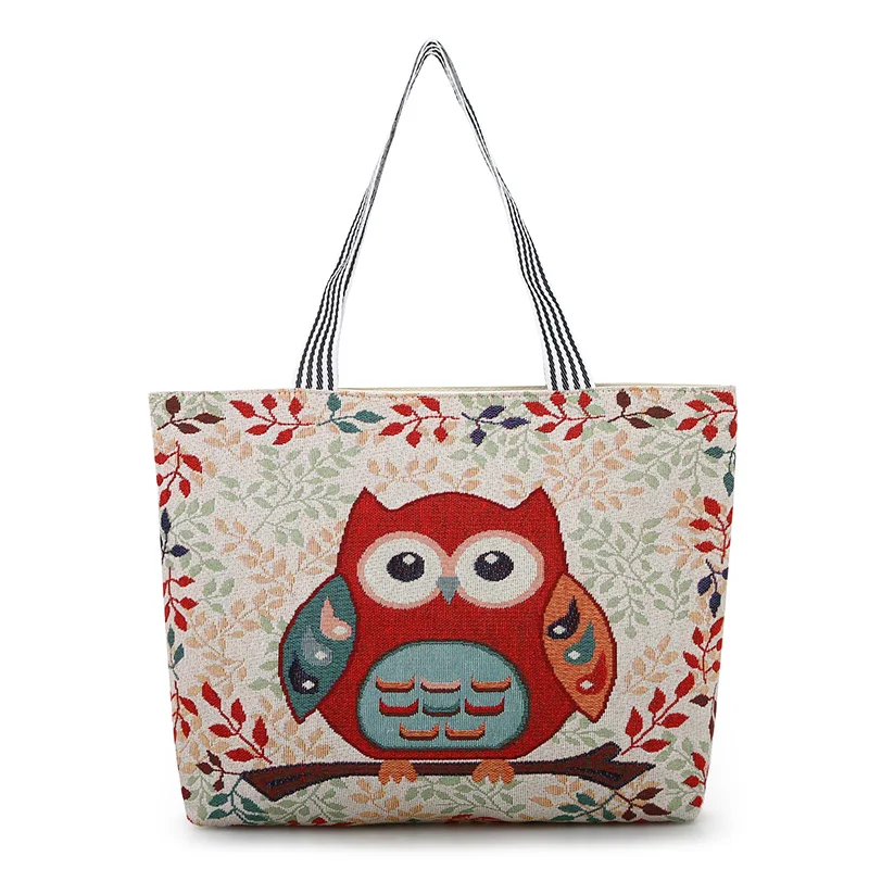 

2018 Cartoon owl Cats Printed Beach Zipper Bag Bolsa Feminina Canvas Tote Shopping Handbags sac a main femme de marque