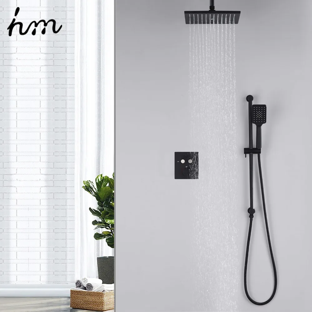 

hm 10" Rainfall ShowerHead Button System Bath Black Faucet Bathroom Luxury Rain Mixer Shower Combo Set Wall Mounted
