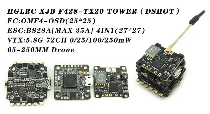 HGLRC XJB F428-TX20 Flight Control F4 Flight Controller 28A 2-4S Blheli_S ESC 25/100/250mW Switchable VTX
HGLRC XJB F428-TX20 Flight Control F4 Flight Controller 28A 2-4S Blheli_S ESC 25/100/250mW Switchable VTX