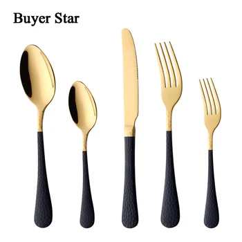 5pcs Cutlery 18/8 Stainless Steel Tableware Western Dinnerware Black Handle Gold Color Knife Fork TeaSpoon Dinner Dining
5pcs Cutlery 18/8 Stainless Steel Tableware Western Dinnerware Black Handle Gold Color Knife Fork TeaSpoon Dinner Dining