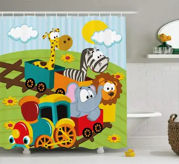 Animal Shower Curtain Cartoon Baby Safari Wild Animals in a Train Striped Backdrop Toys Artwork Print Cloth Bathroom Set
Animal Shower Curtain Cartoon Baby Safari Wild Animals in a Train Striped Backdrop Toys Artwork Print Cloth Bathroom Set