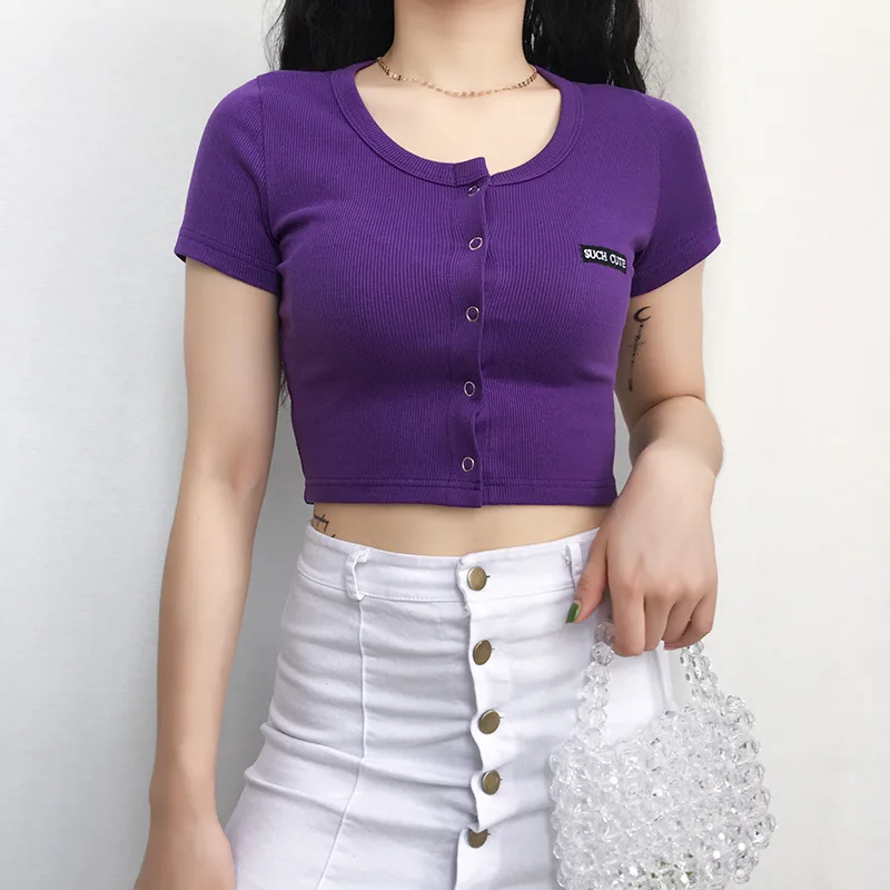Women Korean Single Breasted Slim Tshirt Casual Letter Embroidery Cardigan Harajuku Crop Top Basic Purple Tee Shirt Femme Summer
Women Korean Single Breasted Slim Tshirt Casual Letter Embroidery Cardigan Harajuku Crop Top Basic Purple Tee Shirt Femme Summer