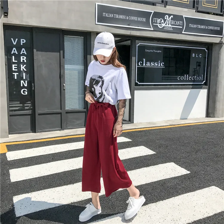 Plus Size - Casual Elastic Waist Loose Wide Leg Pants Preppy Style Trousers Female Palazzo Pants (Us 18W-20W)