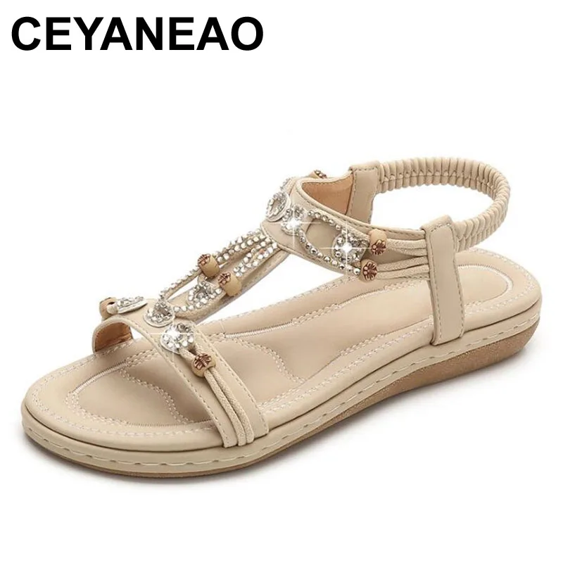 Фото CEYANEAO 2019 Новая женская обувь летние босоножки со стразами на плоской подошве с