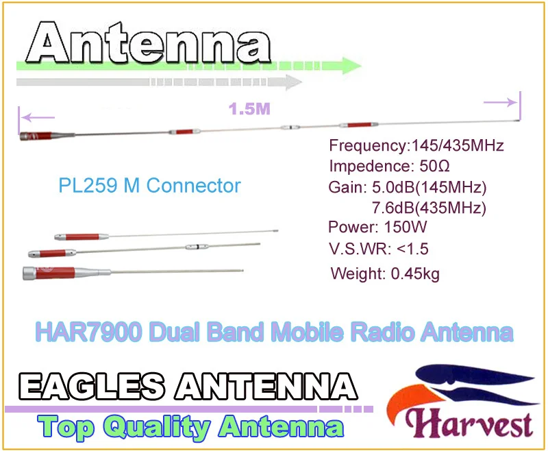 PL259-M Harvest HAR7900 High Gain 150W Dual Band 145/435MHz Antenna 5.0dB(145MHz)/7.6dB(435MHz) for Mobile Vehicle Radio Station
PL259-M Harvest HAR7900 High Gain 150W Dual Band 145/435MHz Antenna 5.0dB(145MHz)/7.6dB(435MHz) for Mobile Vehicle Radio Station