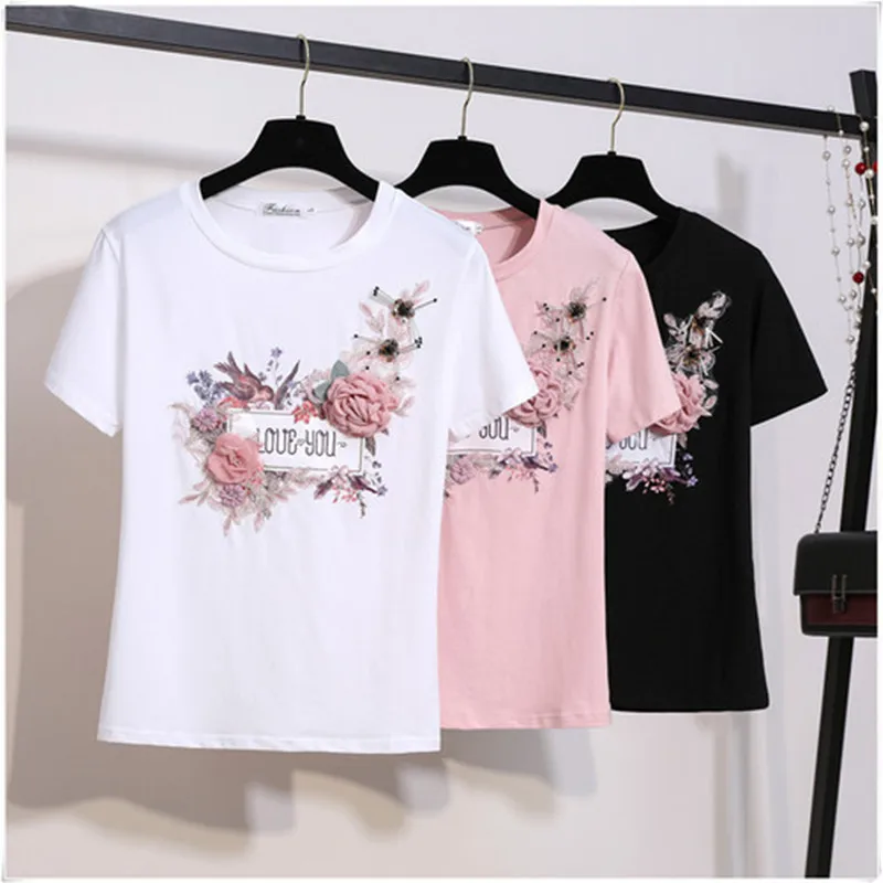 Women 2019 Summer Short Sleeve Embroidery Appliques Beaded 3D Flowers Sequins Stylish Tops+Tees Female Shirts Mujer
Women 2019 Summer Short Sleeve Embroidery Appliques Beaded 3D Flowers Sequins Stylish Tops+Tees Female Shirts Mujer