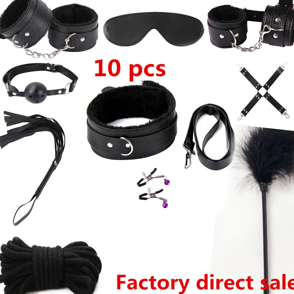 10pcs Set Sexy Lingerie Sm Products BDSM Sex Bondage Set Hand Cuffs Footcuff Whip Rope Blindfold Erotic Sex Toys For Couples