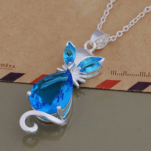 Europe silver plated fashion stone CZ cat elegant kitten blue crystal necklace lady women charms Best Gift Free shipping
Europe silver plated fashion stone CZ cat elegant kitten blue crystal necklace lady women charms Best Gift Free shipping