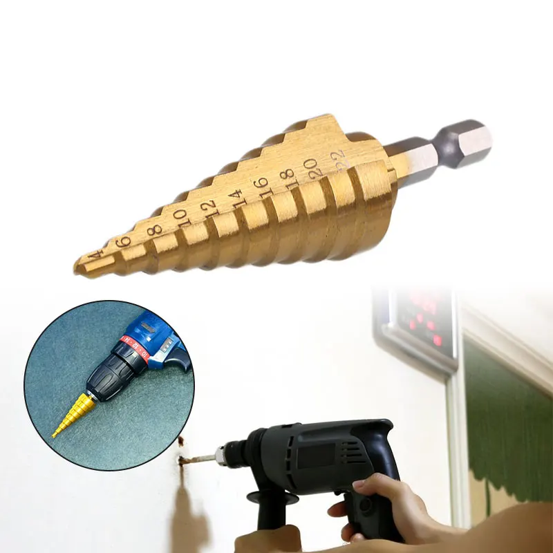 HSS Titanium Coated 4-22mm Step Cone Drill Bit Metal Wood Conical Cutter Tool
HSS Titanium Coated 4-22mm Step Cone Drill Bit Metal Wood Conical Cutter Tool