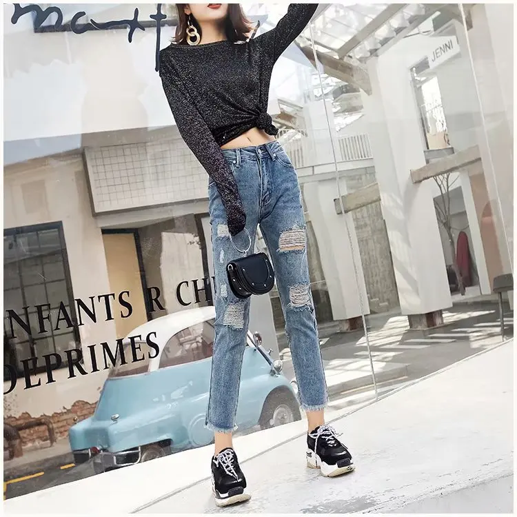 2019 Fashion Summer New Arrival Skinny Jeans Woman High Waisted Ripped Buttocks Holes Ankle-length Sexy Free Shipping |