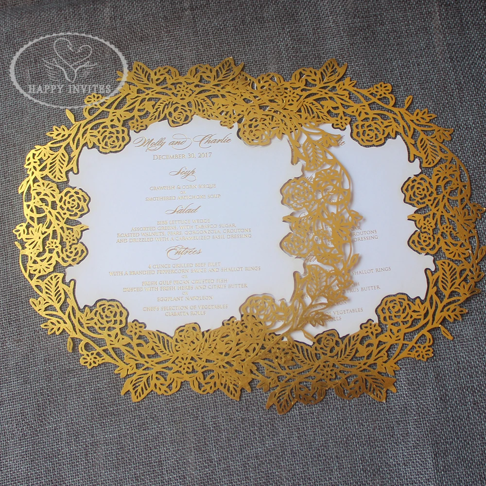 Free Shipping for some Countries/areas! HI9036 Hot Sale Laser Cut Gold Menu Card with Gold Foiling for Party
Free Shipping for some Countries/areas! HI9036 Hot Sale Laser Cut Gold Menu Card with Gold Foiling for Party