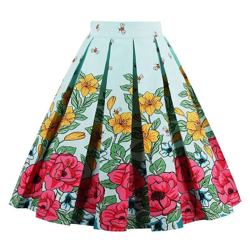 Kostlish Retro Print Flower Summer Skirts Womens 2017 High Waist Vintage Skirt Elegant A-Line Midi Women Skirt Plus Size XXL 22 (10)