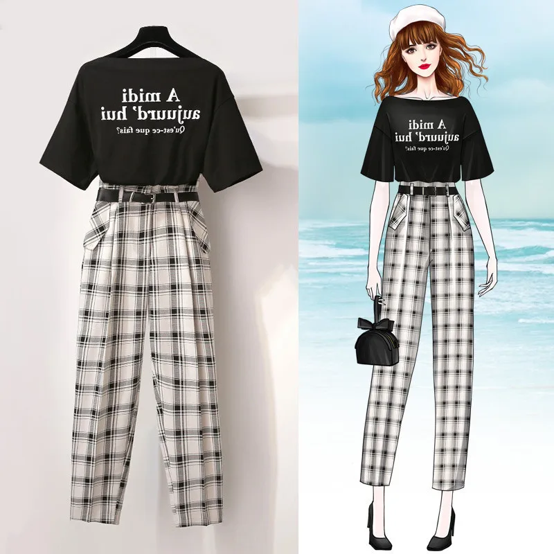 ICHOIX 2 pieces outfits elegant casual letter print black t shirt With belt plaid pants sets women 2 pieces sets summer suits
ICHOIX 2 pieces outfits elegant casual letter print black t shirt With belt plaid pants sets women 2 pieces sets summer suits