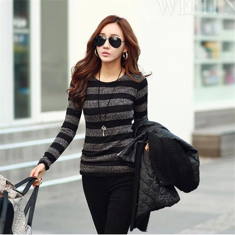 Winter Striped Women T shirt 2016 Long Sleeve Women Tshirt Knitted Shirt Full Sleeve O-neck Black Shirt Woman Tee shirt
Winter Striped Women T shirt 2016 Long Sleeve Women Tshirt Knitted Shirt Full Sleeve O-neck Black Shirt Woman Tee shirt
