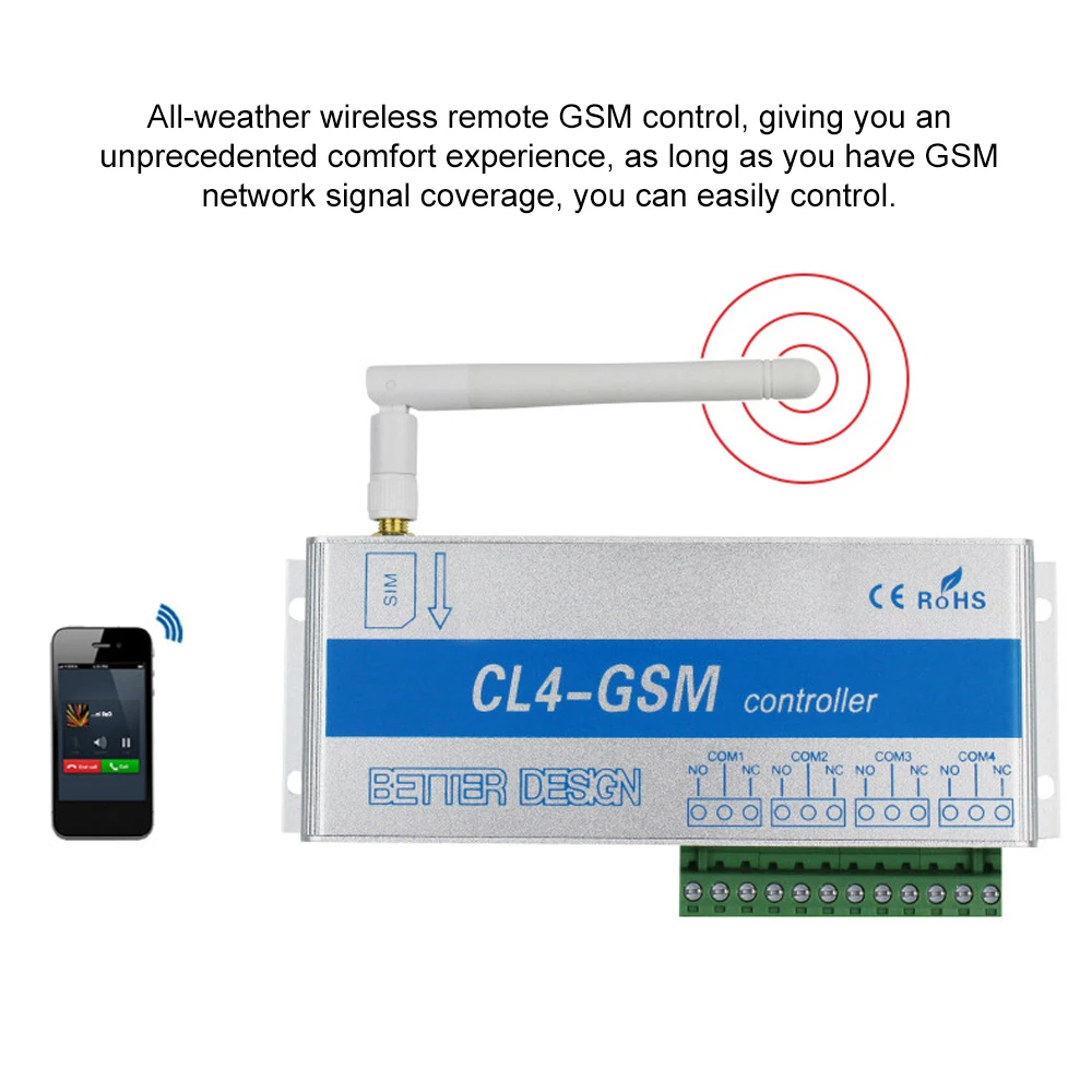 GSM SMS Controller CL4-GSM sensor Wireless remote with aluminum alloy box 4 Relay
GSM SMS Controller CL4-GSM sensor Wireless remote with aluminum alloy box 4 Relay