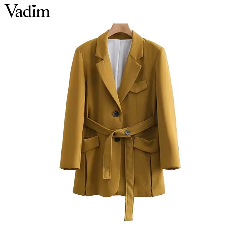 Vadim women solid yellow blazer sashes single breasted pockets office lady coat back split outwear elegant tops CA379
Vadim women solid yellow blazer sashes single breasted pockets office lady coat back split outwear elegant tops CA379