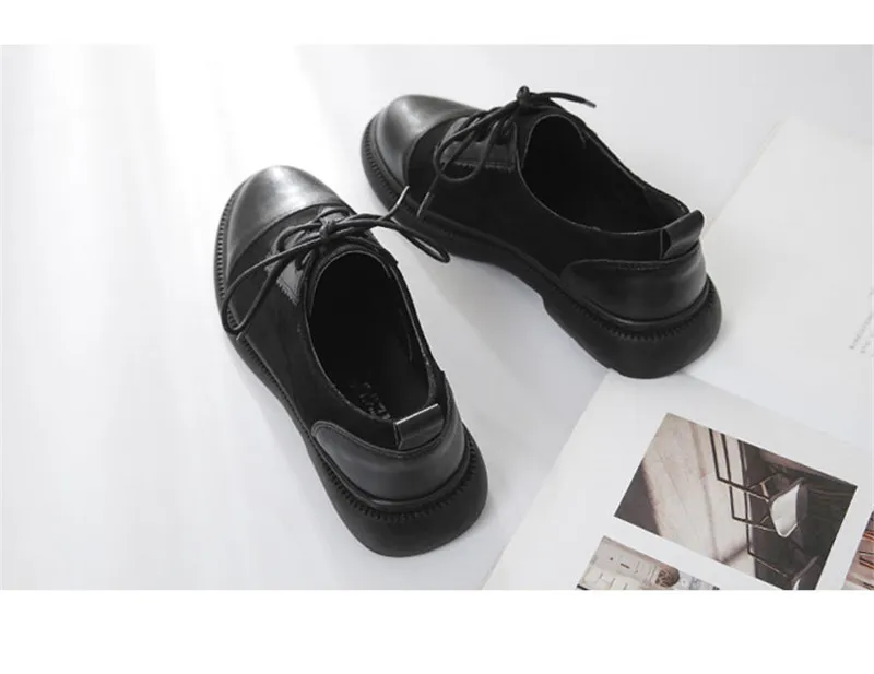 Retro Women Oxfords Shoes Spring 2019 New British Flats Brogues Shoes Woman Round Toe Lace Up Students Casual Flat Platform Shoe (5)