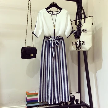 2018 New Summer Fashion Women's Sets Half Sleeve O Neck Chiffon Tops + Wide Leg Striped Long Trousers Female Pants Suits Casual
2018 New Summer Fashion Women's Sets Half Sleeve O Neck Chiffon Tops + Wide Leg Striped Long Trousers Female Pants Suits Casual
