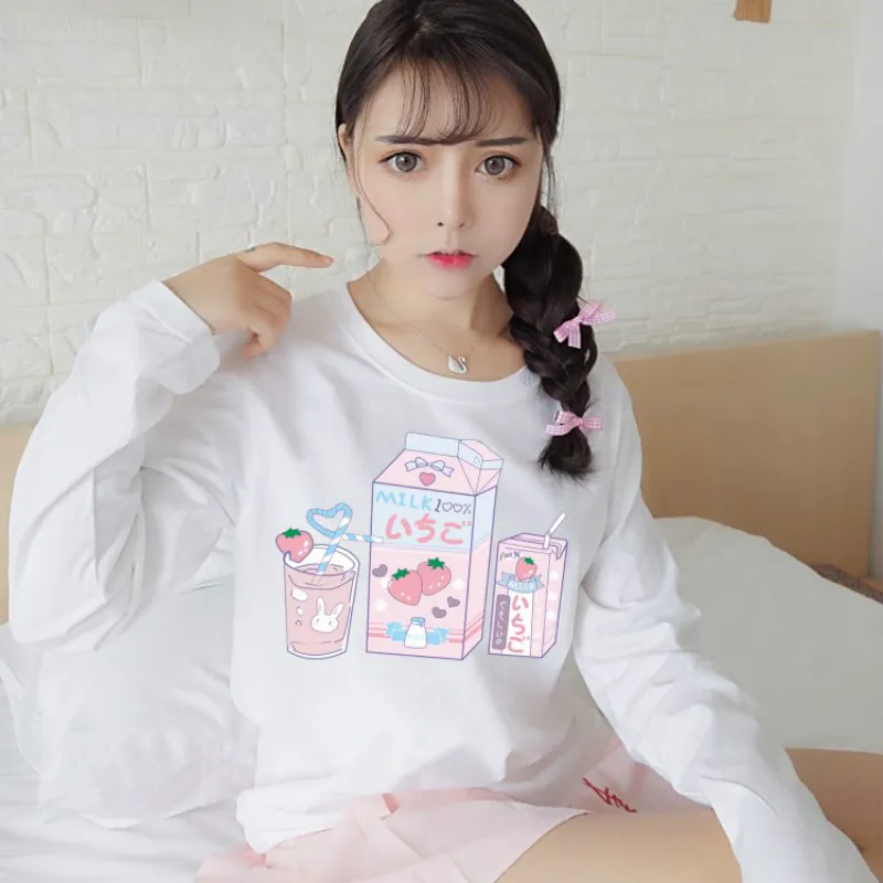 Sweet Cute Strawberry Drink Box Printing Girl's Tops Harajuku Fashion Cotton Loose Women Long Sleeve Fairy Women T Shirt
Sweet Cute Strawberry Drink Box Printing Girl's Tops Harajuku Fashion Cotton Loose Women Long Sleeve Fairy Women T Shirt