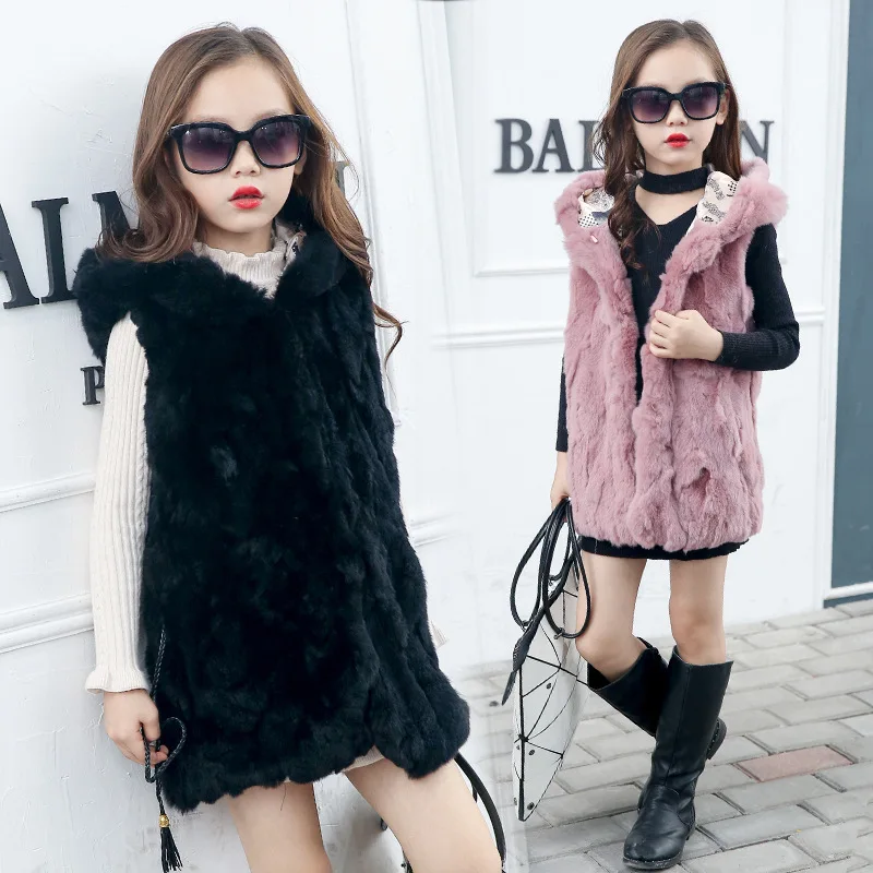 

JKP 2018 Children's fur coat vest Girls' high-end rex rabbit fur casual long fashion hooded Outerwear kids fashion coats ZPC-128