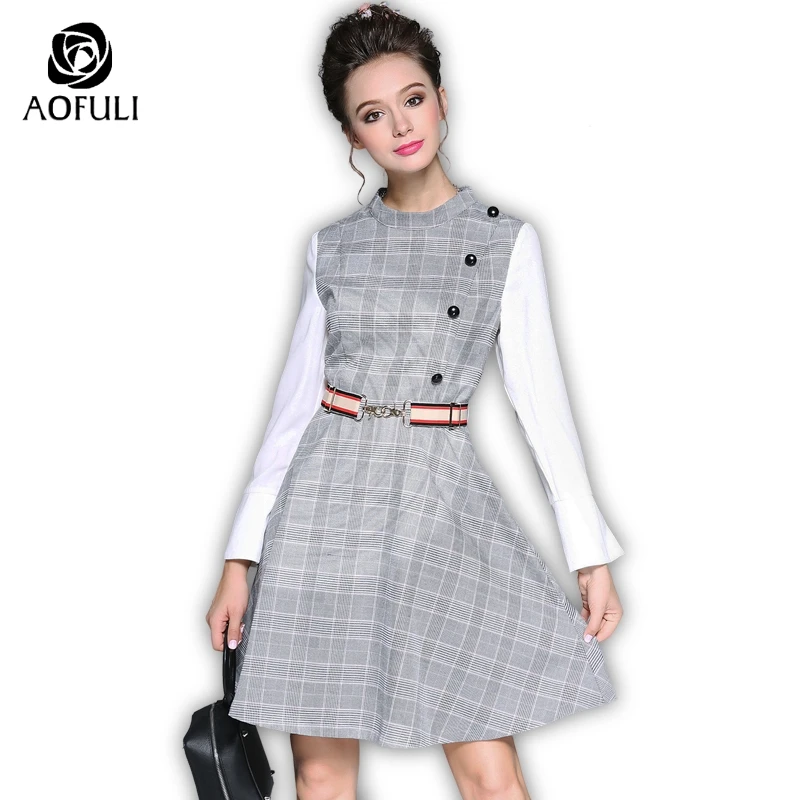 AOFULI Gray Plaid A-line Dresses Autumn Long Sleeve Elegant Casual Dress Big Size Knee-length Clothing With Belt M- 5XL B6227
AOFULI Gray Plaid A-line Dresses Autumn Long Sleeve Elegant Casual Dress Big Size Knee-length Clothing With Belt M- 5XL B6227
