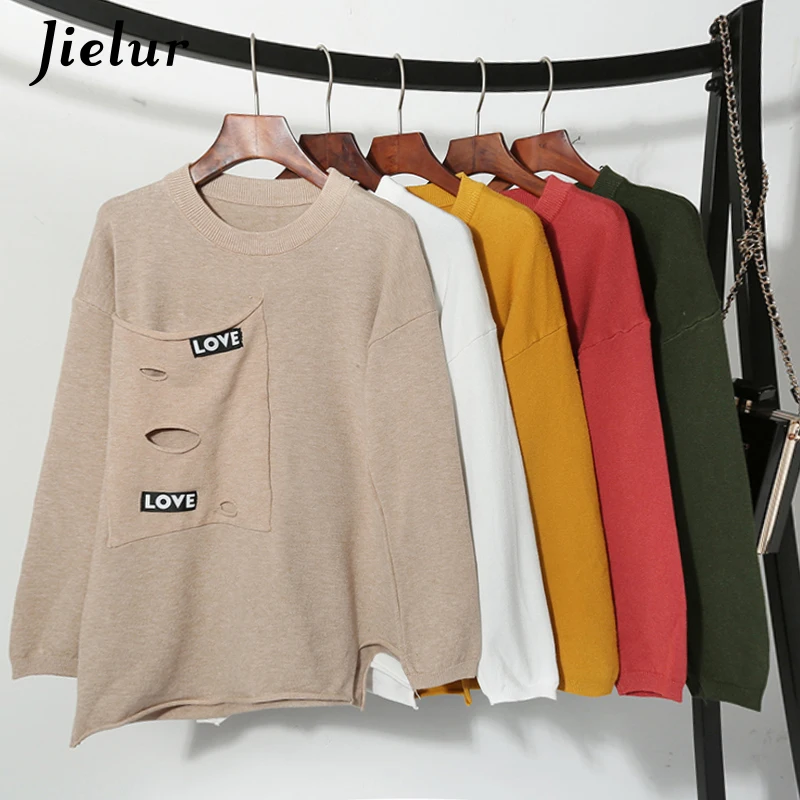 Jielur 5 Colors Holes Love Chic Sweater Women Autumn New Yellow Novelty Female Sweaters Pockets Sweet Pullover Winter Streetwear | Женская
