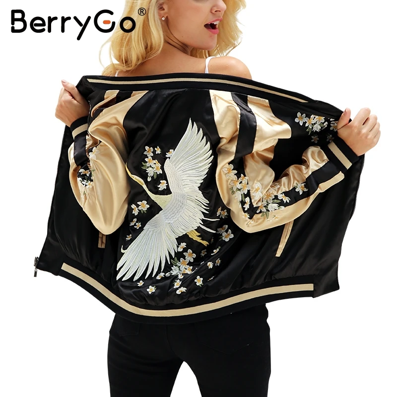 BerryGo Floral embroidery satin jacket coat Autumn winter street jacket women Casual baseball jackets reversible sukajan bomber
BerryGo Floral embroidery satin jacket coat Autumn winter street jacket women Casual baseball jackets reversible sukajan bomber