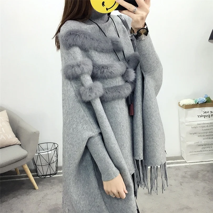 Taotrees Autumn Winter Turtleneck Pullovers Loose Cape Shawl Knit Jacket Bat Sleeve Tassel Sweater with fur Women's Clothing
Taotrees Autumn Winter Turtleneck Pullovers Loose Cape Shawl Knit Jacket Bat Sleeve Tassel Sweater with fur Women's Clothing