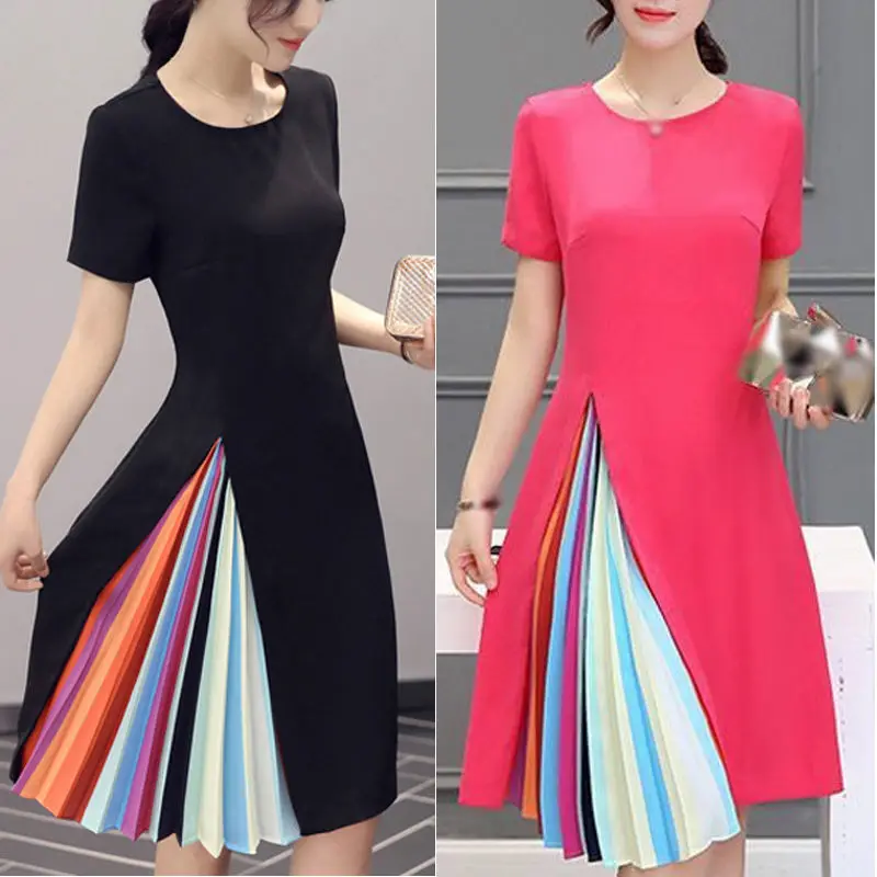 Women Mixed Color Pleated Dress Summer Casual Short Sleeve Evening Party Dresses Black Rose Red Plus Size S-3XL
Women Mixed Color Pleated Dress Summer Casual Short Sleeve Evening Party Dresses Black Rose Red Plus Size S-3XL
