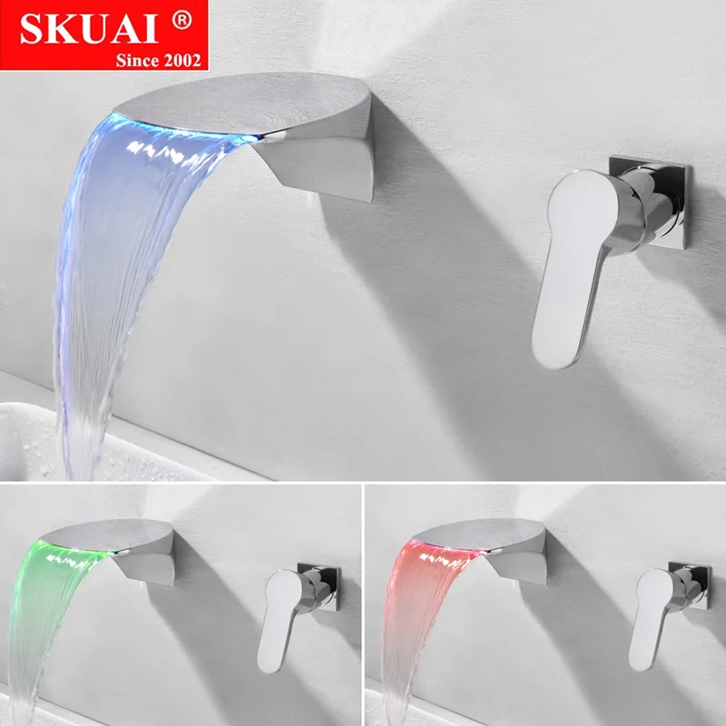

LED Color Changing Bathroom Basin Sink Faucet Wall Mount Chrome Brass Mixer Tap Basin Faucet Brass Waterfall Bathroom Faucet