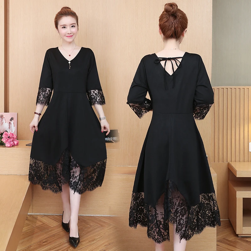 

women woman ladies summer black V-neck lace big plus size L-5XL XXL XXXL 3XL XXXXL 4XL slim Casual Skater Swing party midi dress