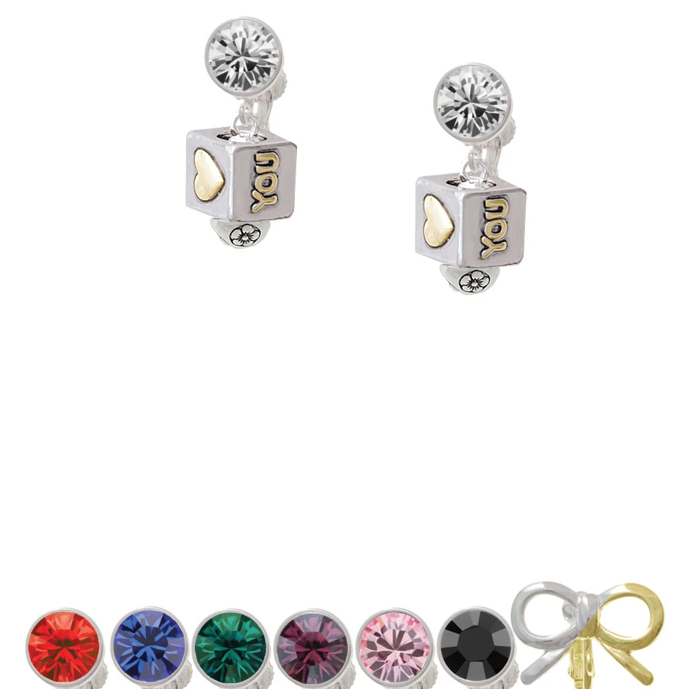 Two Tone Love You Square Spinner Crystal Clip On Earrings