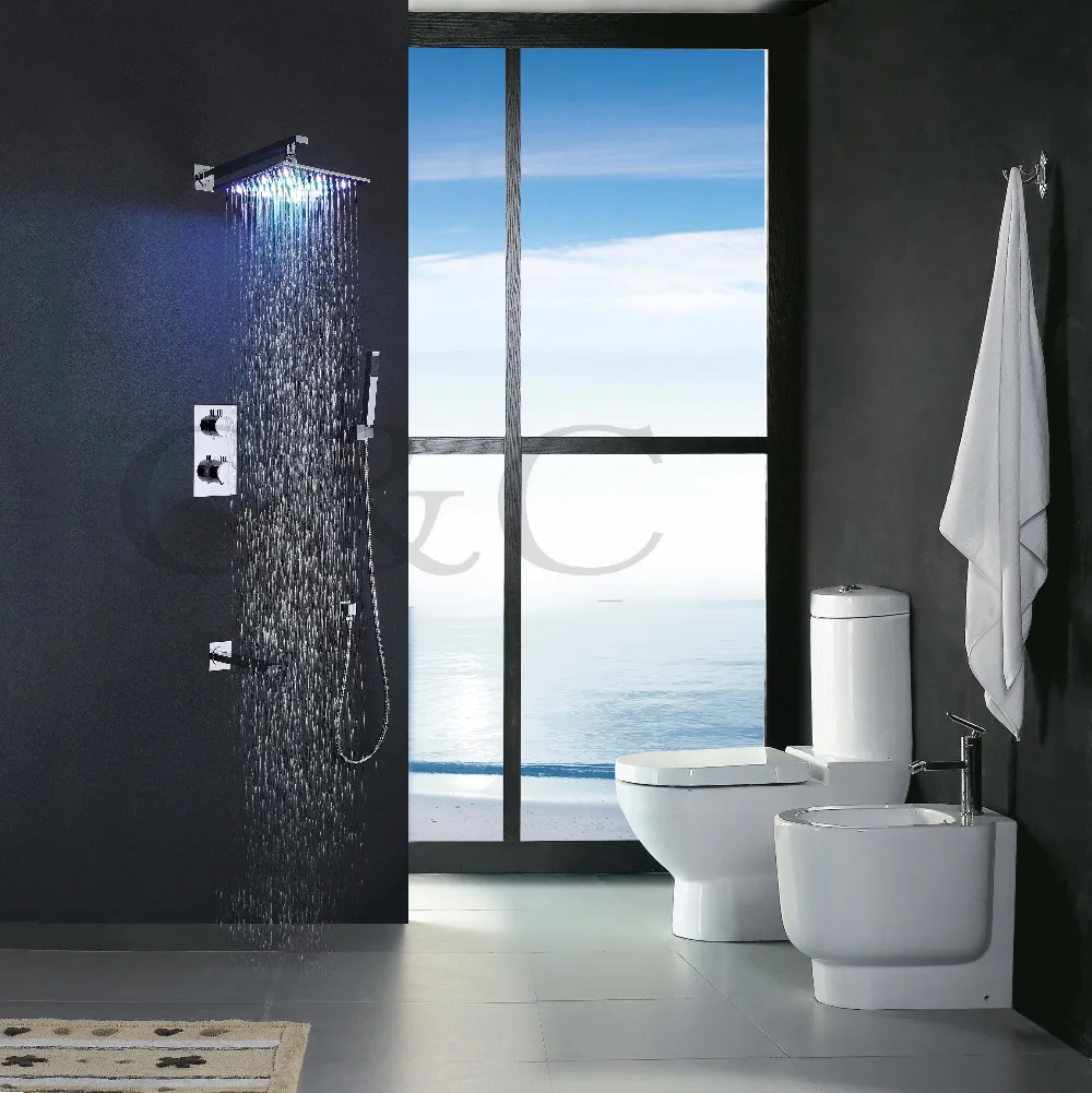 10 Inch Hydro Power LED Shower Head And Spout, Solid Brass Chrome Thermostatic LED Rainfall Shower Mixer Faucet Set 003-10-2C
10 Inch Hydro Power LED Shower Head And Spout, Solid Brass Chrome Thermostatic LED Rainfall Shower Mixer Faucet Set 003-10-2C