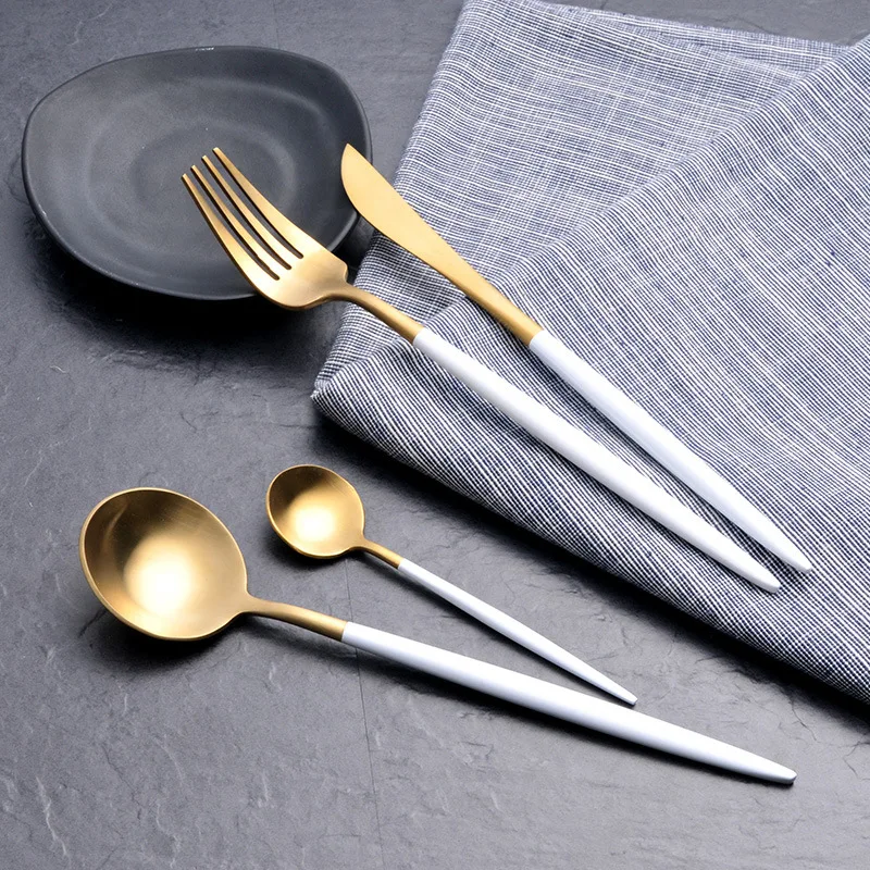 4Pcs White Gold Dinnerware Set Golden Travel Cutlery Set Stainless Steel Dinner Knife Fork Scoops Set Wedding Silverware Set
4Pcs White Gold Dinnerware Set Golden Travel Cutlery Set Stainless Steel Dinner Knife Fork Scoops Set Wedding Silverware Set