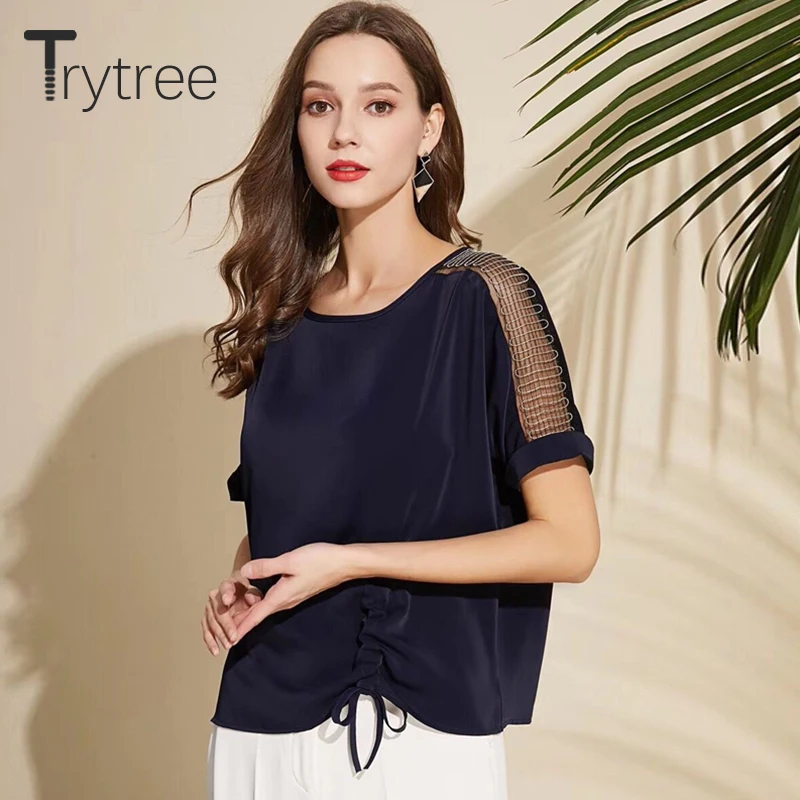 Trytree Summer Top Women Blouse Casual Solid Shirt Tops O-Neck Hollow Out Sleeve Drawstring Hem Silk Polyester Office Lady Shirt
Trytree Summer Top Women Blouse Casual Solid Shirt Tops O-Neck Hollow Out Sleeve Drawstring Hem Silk Polyester Office Lady Shirt