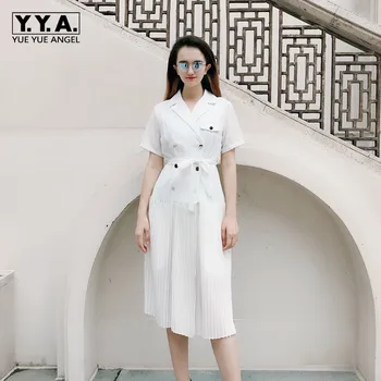 Ladies Short Sleeve Lapel Double Breasted Lace Up Chiffon Dresses French Style Knee Length Qualities Slim Female Pleated Dresses
Ladies Short Sleeve Lapel Double Breasted Lace Up Chiffon Dresses French Style Knee Length Qualities Slim Female Pleated Dresses