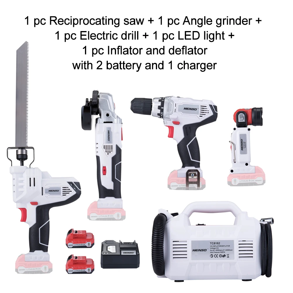 Keinso 12V Angle grinder Electric drill LED light Inflator and deflator Electric Saw with two lithium battery and one charger
Keinso 12V Angle grinder Electric drill LED light Inflator and deflator Electric Saw with two lithium battery and one charger