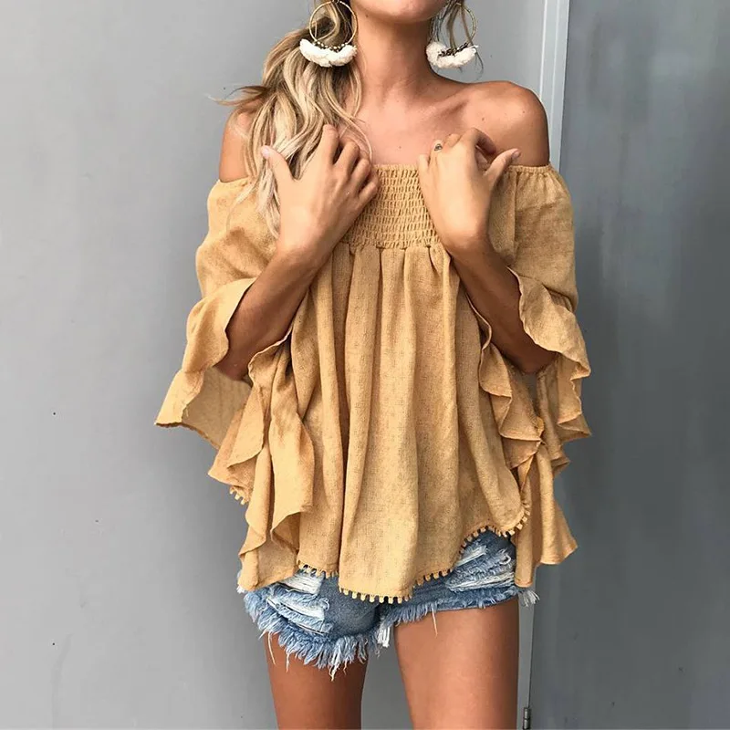 yinlinhe Off Shoulder Summer Tops Short Sleeve Leaf Print Slash Neck Sexy Women Tops Backless Bohemian Loose Tunics1