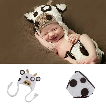 

Crazy Cow Design Newborn Crochet Knit Costume Handmade Infant Diaper Cover Photo Prop Accessories Long Braid Beanies Hat Clothes
