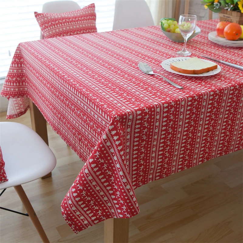 Christmas Style Deer&Tree Pattern Red Tablecloth Pastoral Stripes Cotton&Linen Decorative Table&Cabinet Dustproof Cover For Bar