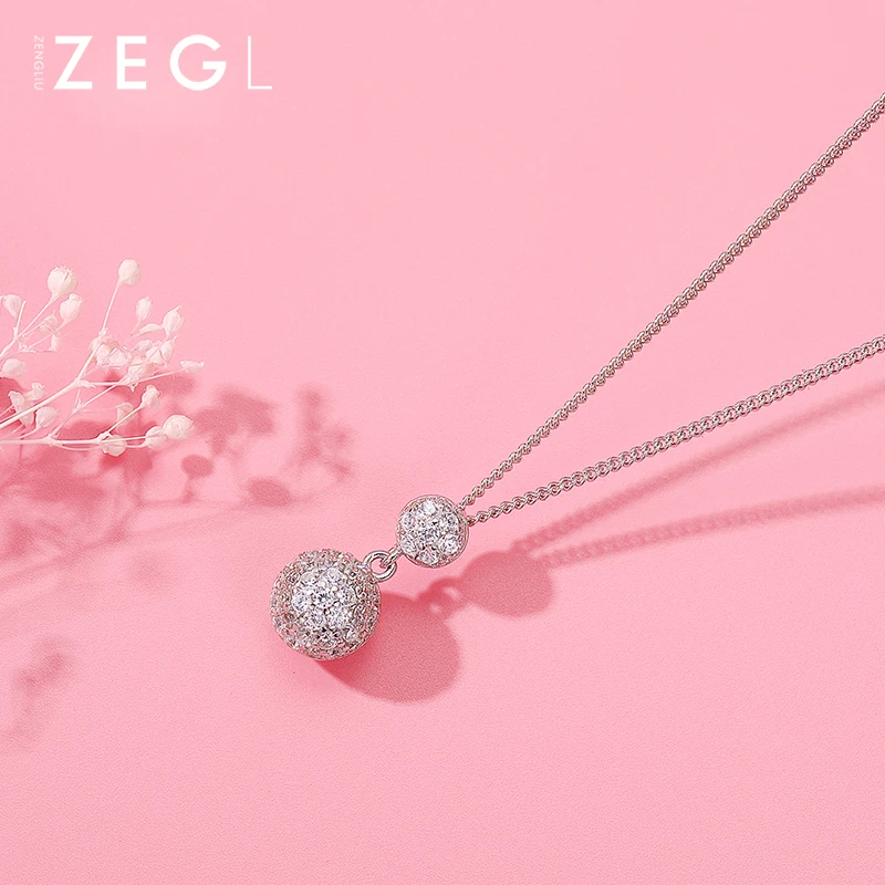 

ZEGL crystal ball sterling silver necklace female 925 silver necklace clavicle chain silver neck jewelry