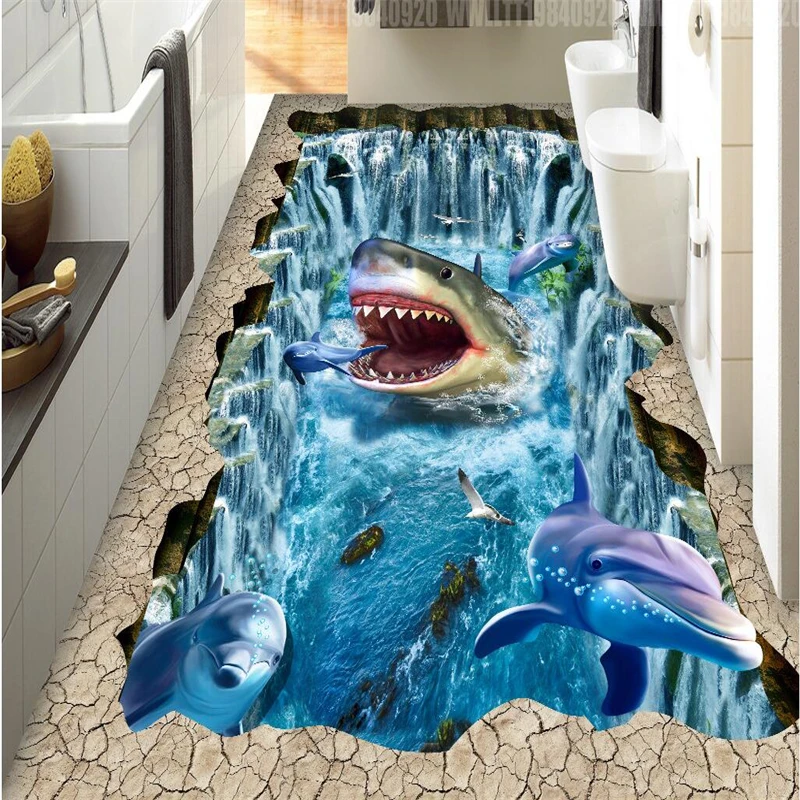 

beibehang floor wallpaper shark dolphin waterfall 3D three-dimensional painting 3D painting vinyl floor waterproof self-adhesive