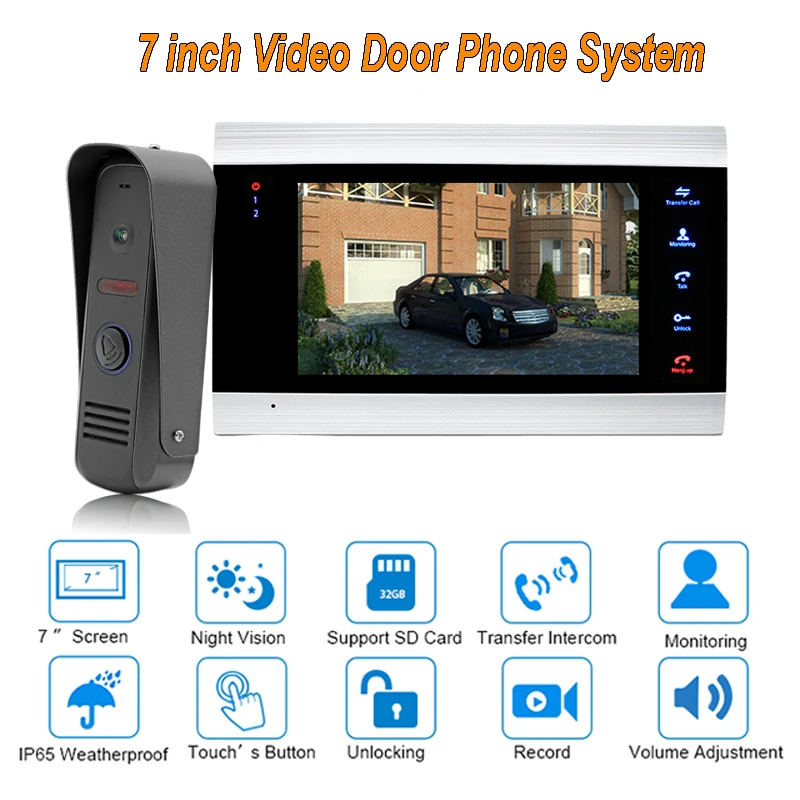 

7" LCD Monitor Video Doorbell 1200TVL HD IR Waterproof Camera Doorphone Motion Detection SD card Video Recorder Intercom System