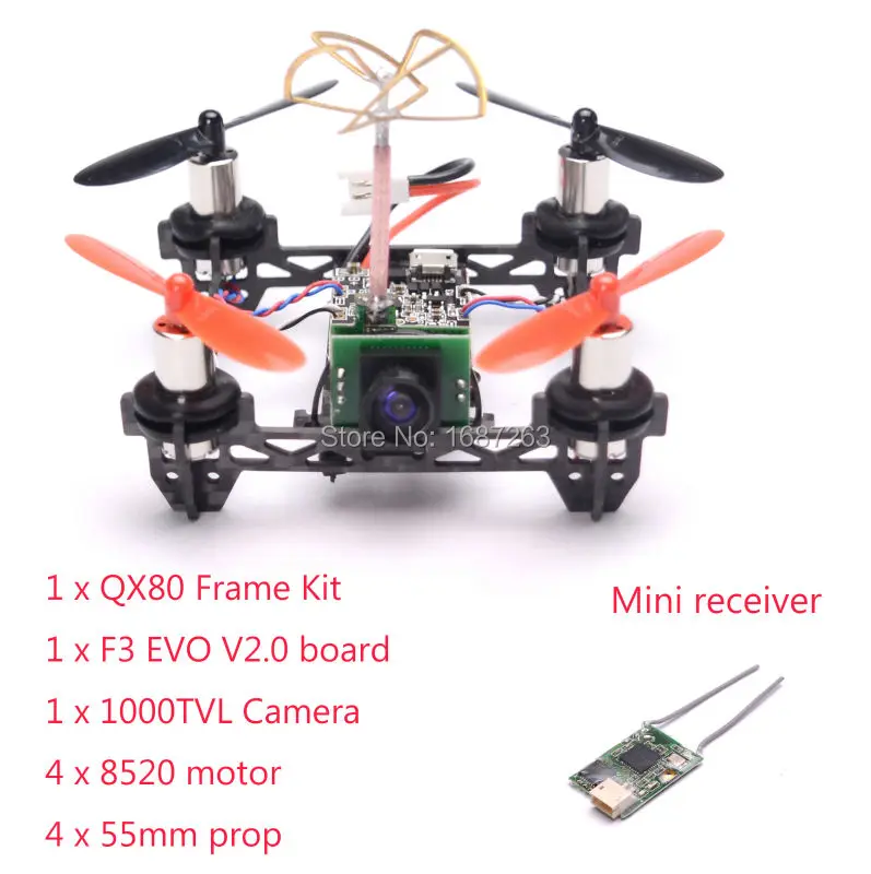 

Tiny QX80 Frame kit + F3 EVO V2.0 brushed flight controller + 8520 motor + 1000TVL camera + Mini DSM Receiver + 55mm Props