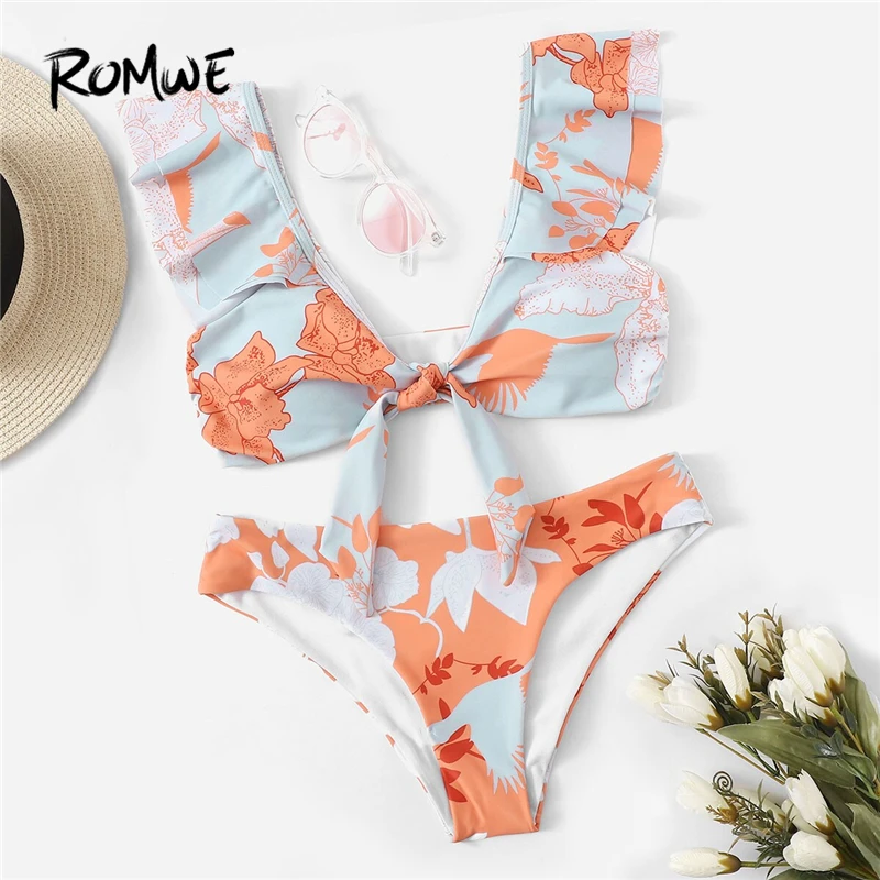 

Romwe Sport Multicolor Bikinis Set Floral Ruffle Hem Knot Front Top With Panty Swimwear Women Summer Plunge Neck Sexy Swimsuit